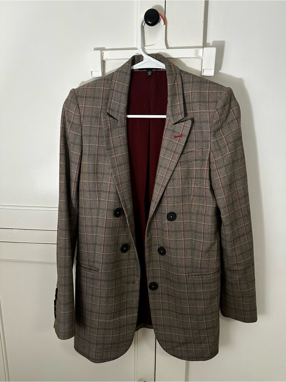 Express Mens Double-Breasted Plaid Blazer in Gray with Red Windowpane